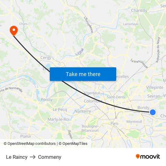 Le Raincy to Commeny map