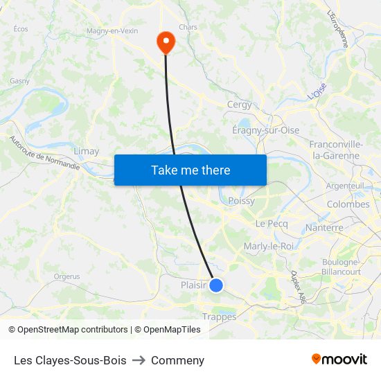 Les Clayes-Sous-Bois to Commeny map