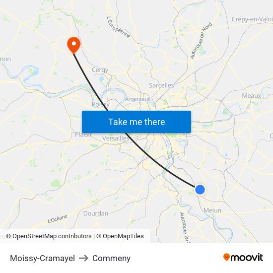 Moissy-Cramayel to Commeny map