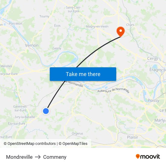 Mondreville to Commeny map