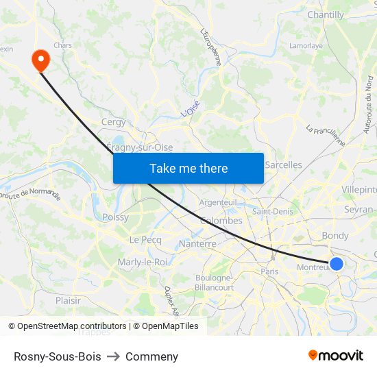 Rosny-Sous-Bois to Commeny map