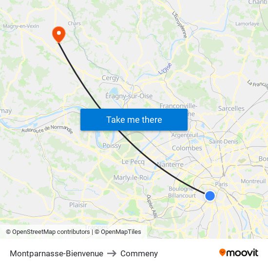 Montparnasse-Bienvenue to Commeny map