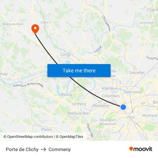 Porte de Clichy to Commeny map