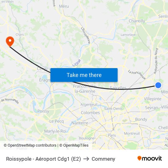 Roissypole - Aéroport Cdg1 (E2) to Commeny map