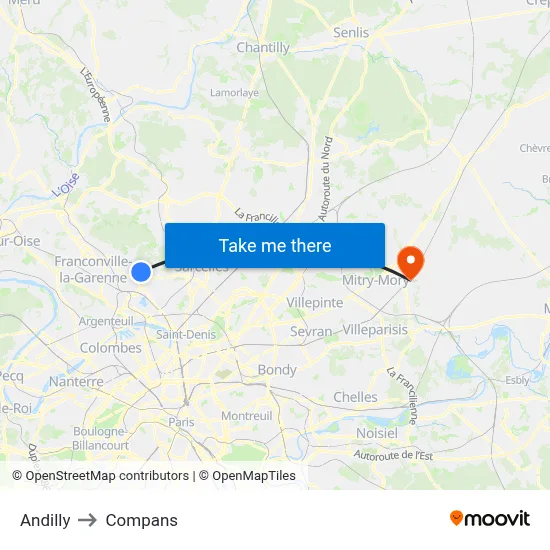 Andilly to Compans map