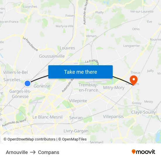 Arnouville to Compans map