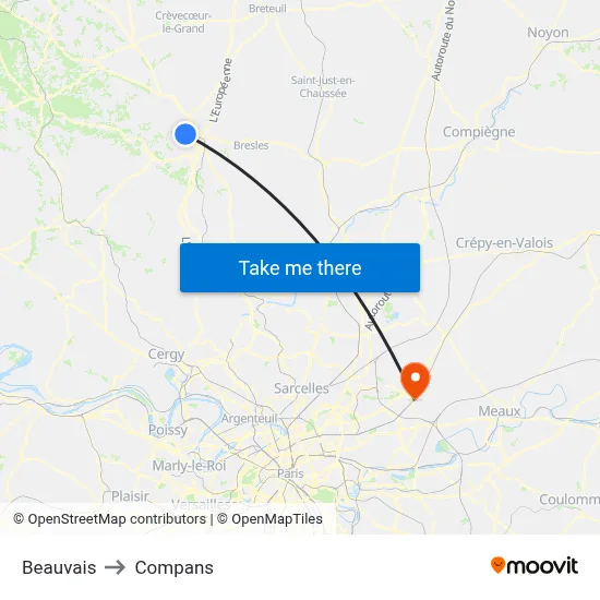 Beauvais to Compans map
