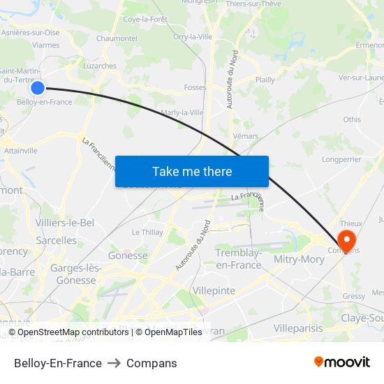 Belloy-En-France to Compans map