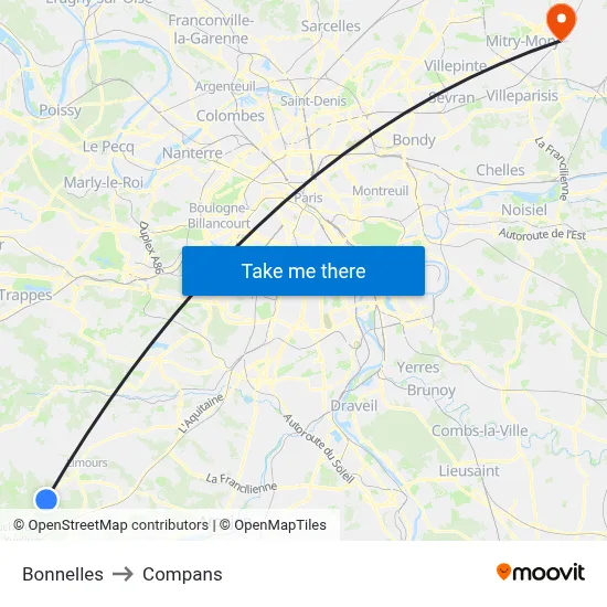 Bonnelles to Compans map