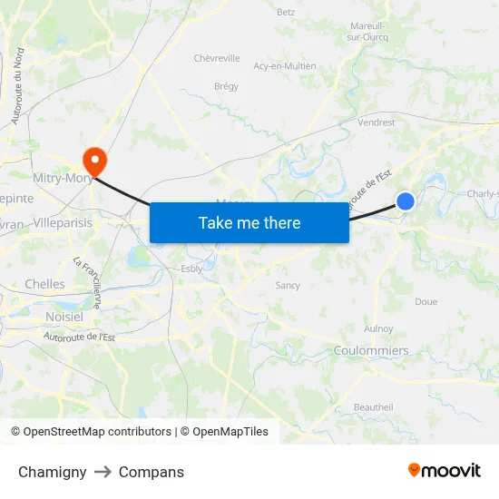 Chamigny to Compans map