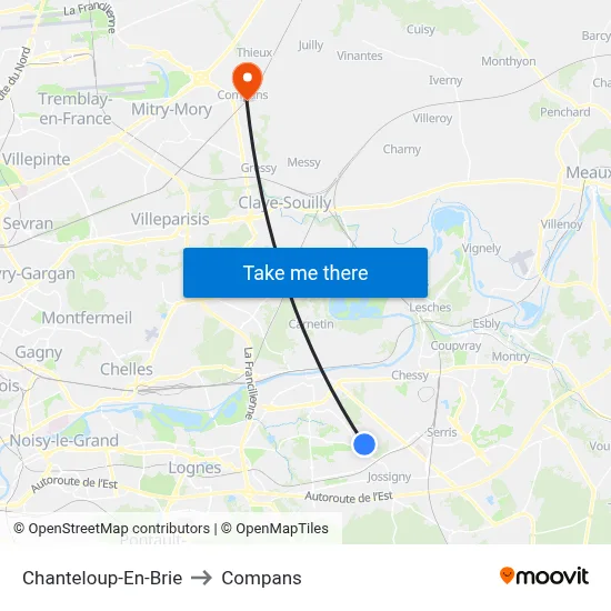 Chanteloup-En-Brie to Compans map