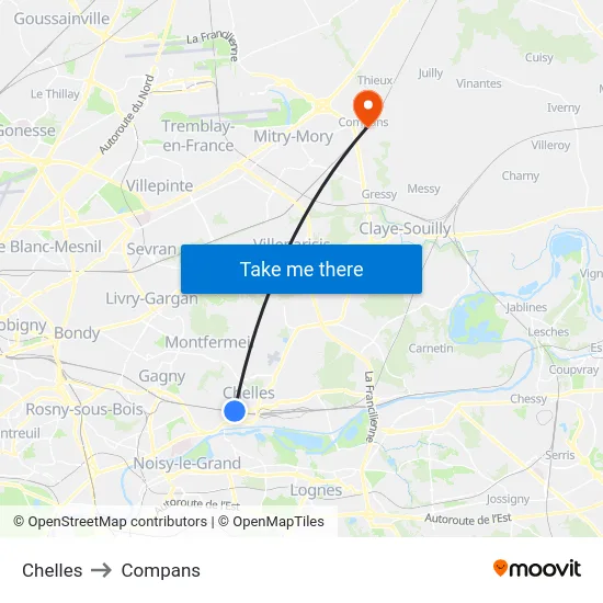 Chelles to Compans map