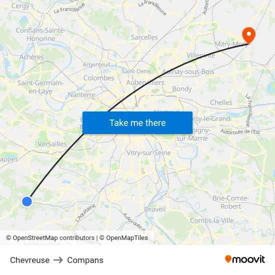 Chevreuse to Compans map