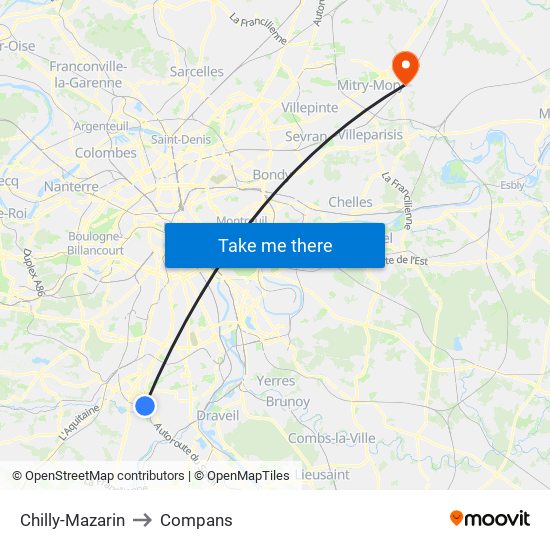 Chilly-Mazarin to Compans map