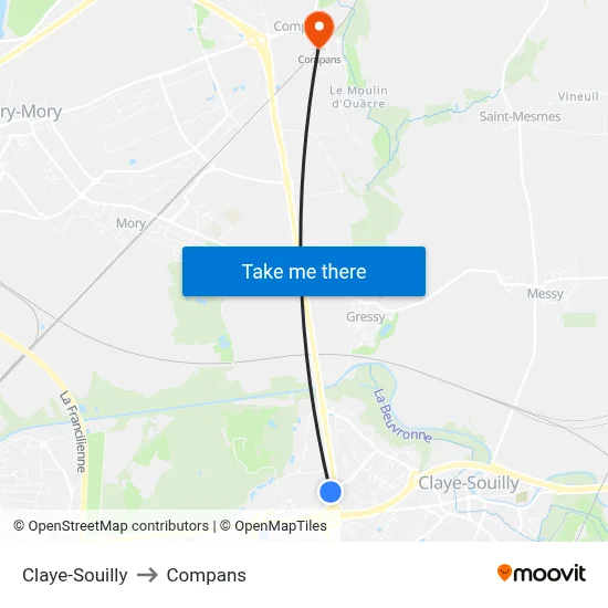 Claye-Souilly to Compans map