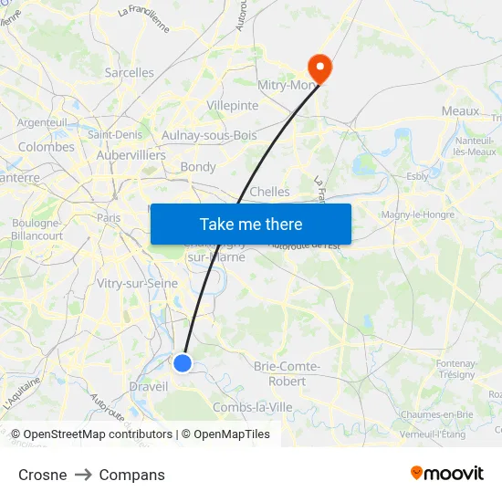 Crosne to Compans map