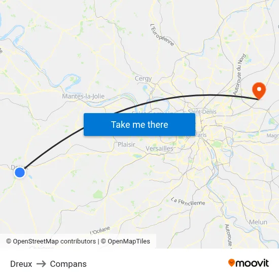 Dreux to Compans map