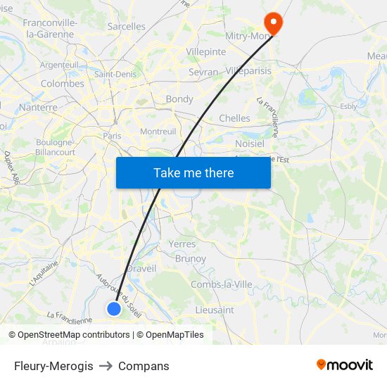 Fleury-Merogis to Compans map