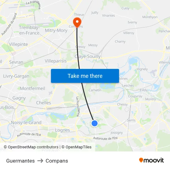 Guermantes to Compans map