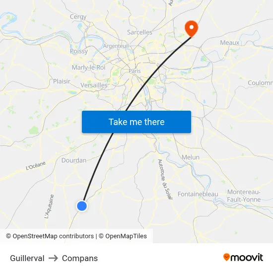 Guillerval to Compans map