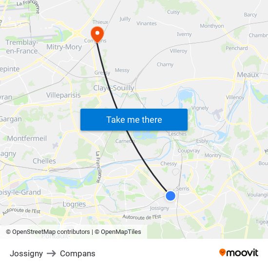 Jossigny to Compans map