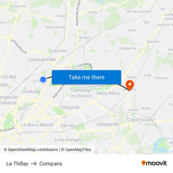 Le Thillay to Compans map