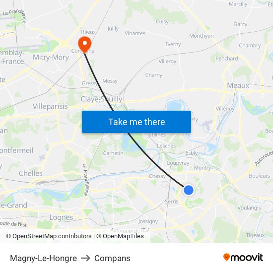 Magny-Le-Hongre to Compans map