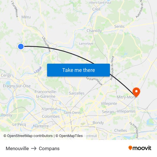 Menouville to Compans map