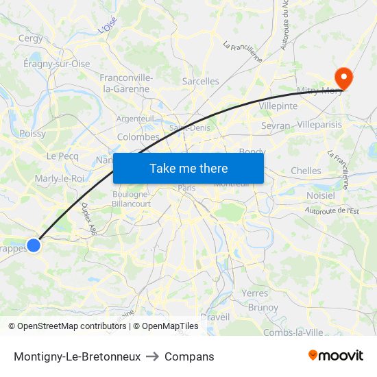 Montigny-Le-Bretonneux to Compans map