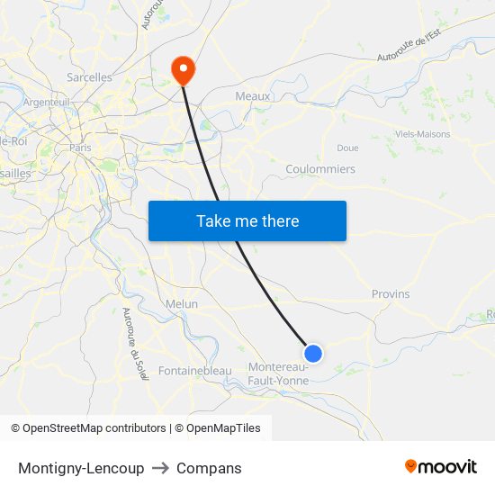 Montigny-Lencoup to Compans map