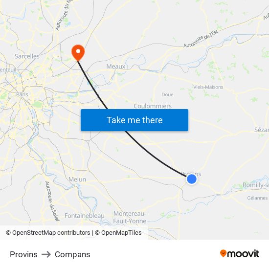 Provins to Compans map