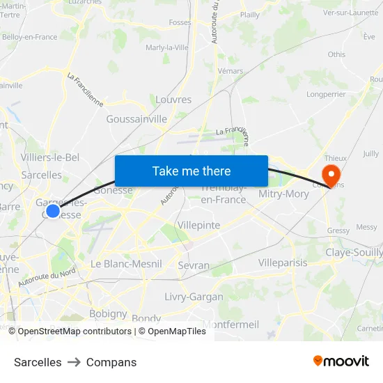 Sarcelles to Compans map