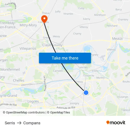 Serris to Compans map
