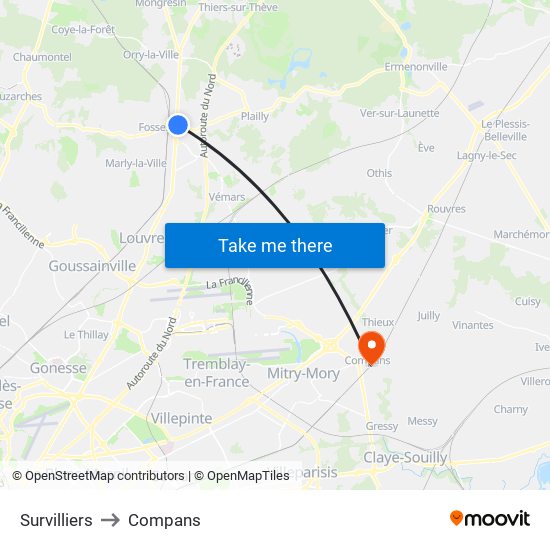 Survilliers to Compans map