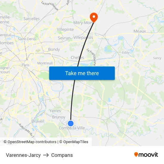 Varennes-Jarcy to Compans map