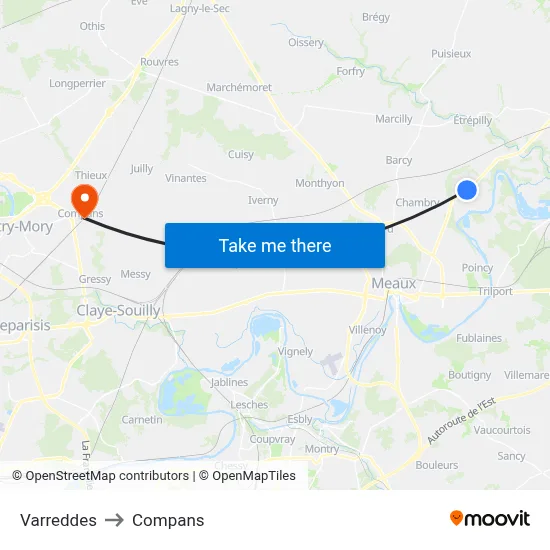 Varreddes to Compans map