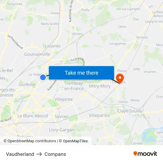 Vaudherland to Compans map