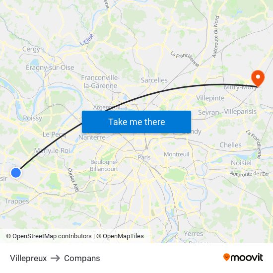 Villepreux to Compans map