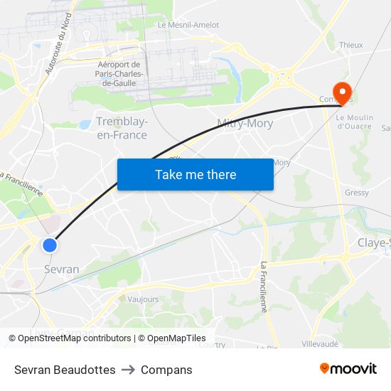 Sevran Beaudottes to Compans map
