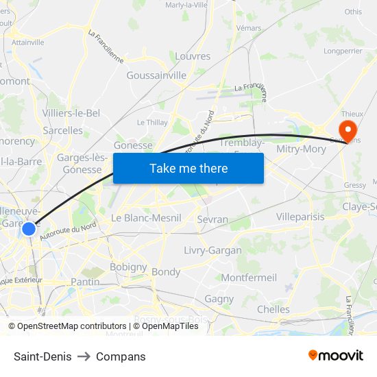 Saint-Denis to Compans map