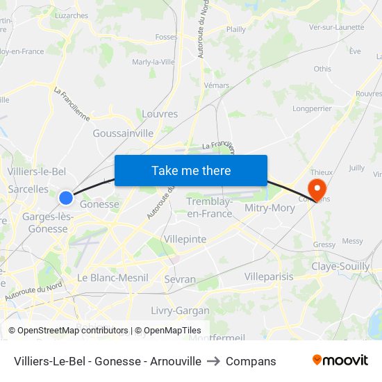 Villiers-Le-Bel - Gonesse - Arnouville to Compans map