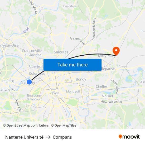 Nanterre Université to Compans map