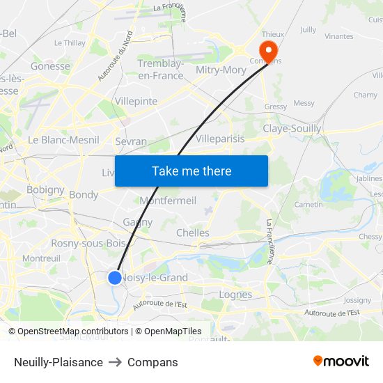 Neuilly-Plaisance to Compans map