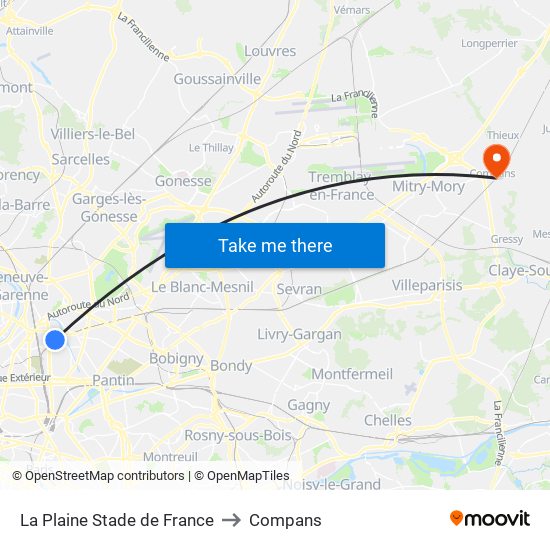 La Plaine Stade de France to Compans map