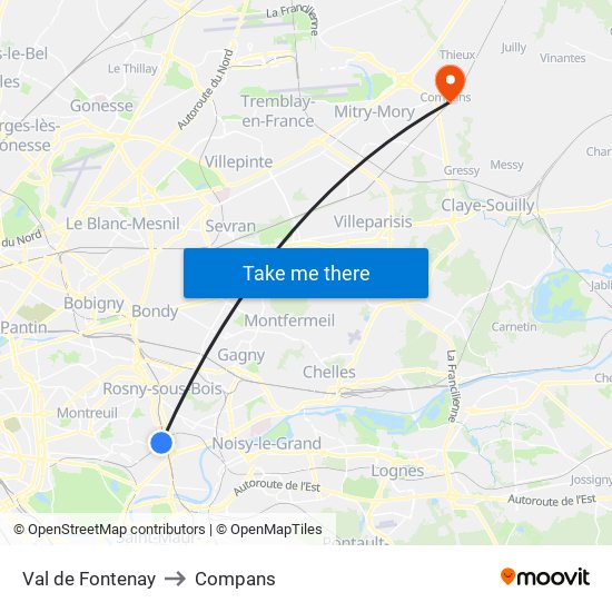 Val de Fontenay to Compans map