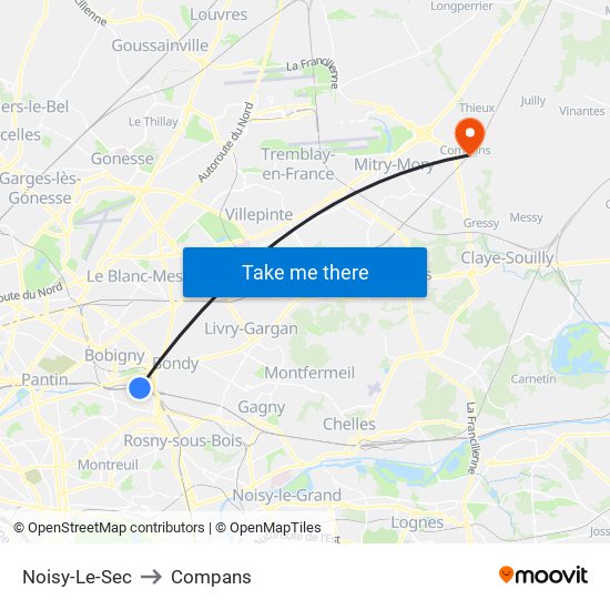 Noisy-Le-Sec to Compans map