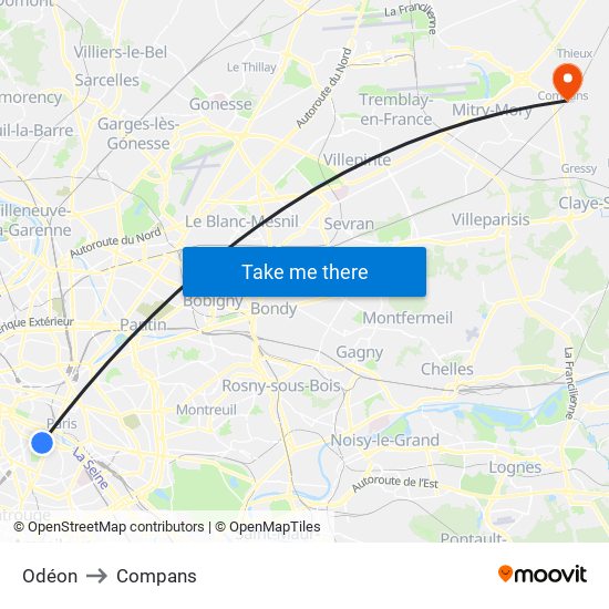 Odéon to Compans map