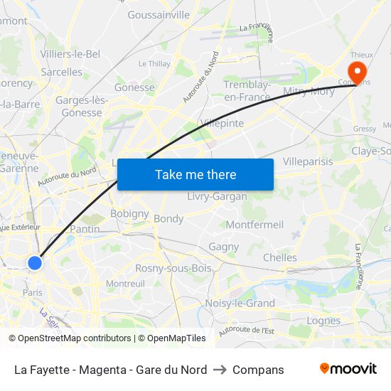 La Fayette - Magenta - Gare du Nord to Compans map