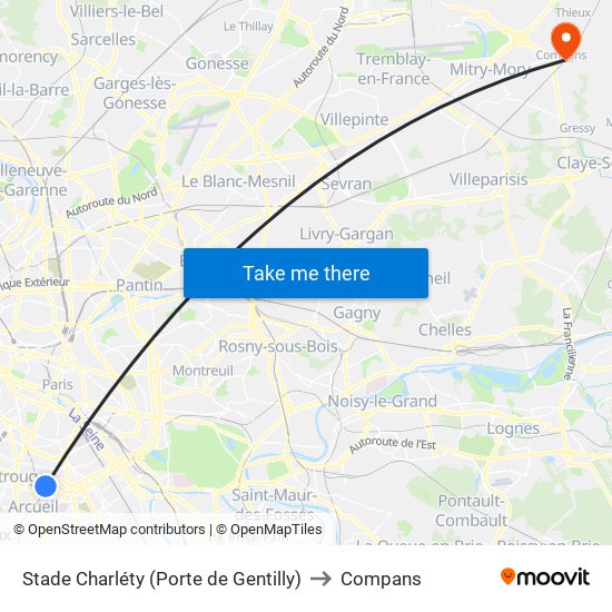 Stade Charléty (Porte de Gentilly) to Compans map