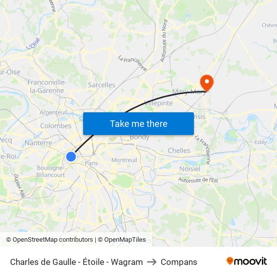 Charles de Gaulle - Étoile - Wagram to Compans map